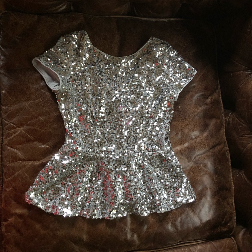 Silver sequin peplum top cap sleeve back zipper